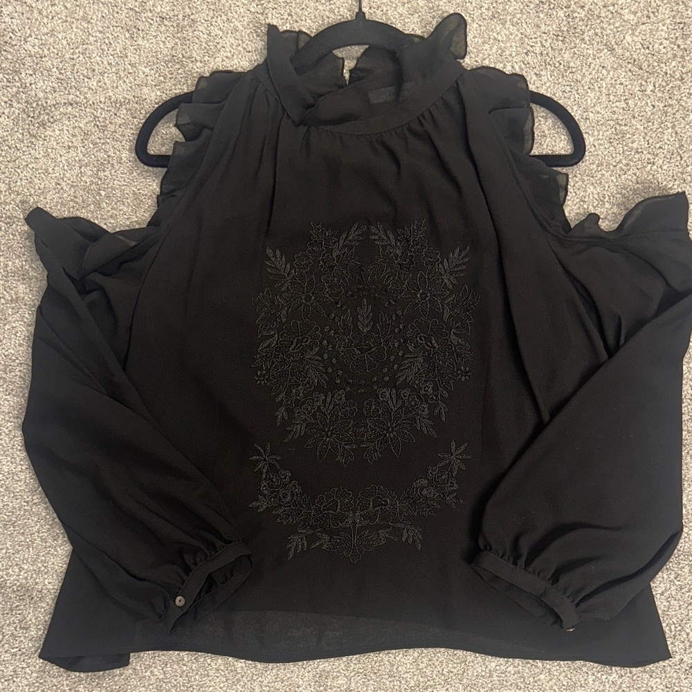 Black Cold-Shoulder Embroidered Ruffle-Neck Blouse